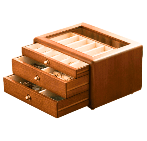 wooden jewelry box with three drawers open