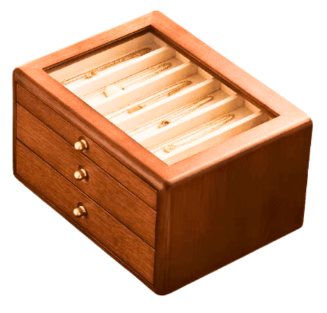 wooden jewelry box with three drawers