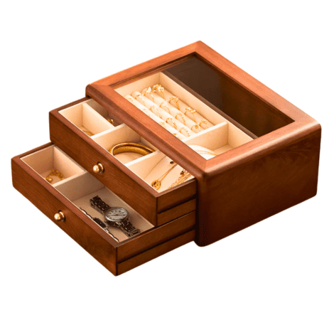 wooden jewelry box with two drawers open